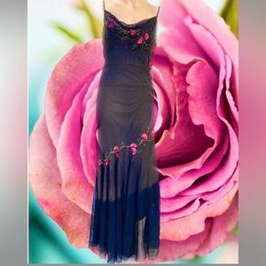 Black & Pink Floral Mesh Beaded 100% Silk Vintage 90s Prom Dress